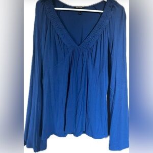 Blue Ruched V-Neck Blouse with Long Sleeves. Women’s size Large